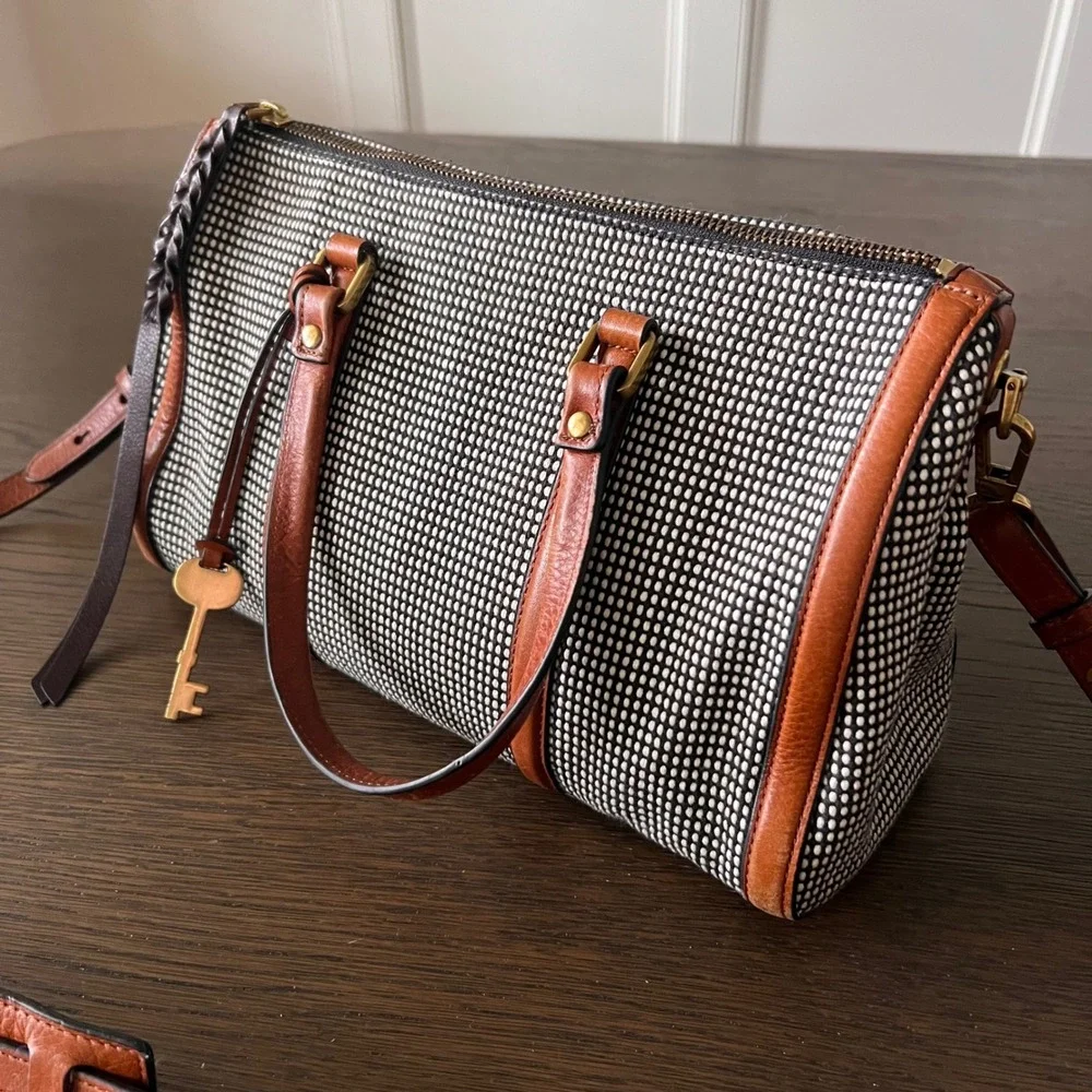 Fossil Rachel Satchel Black White Woven Dotted Leather Trim Crossbody Bag